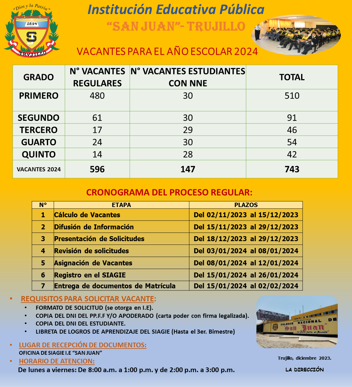 La emblemática institución educativa "San Juan" de la ciudad de Trujillo hace de conocimiento público las vacantes para este año 2024.